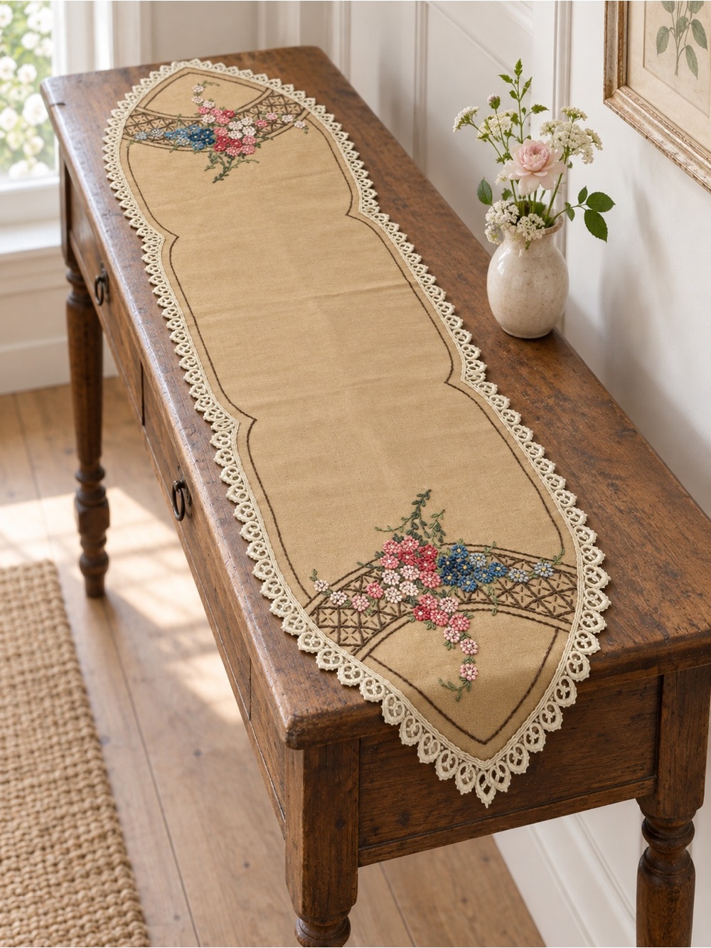 Vintage Table Runner Dresser Scarf Hand Embroidered Floral Lace Trim Tan Pink